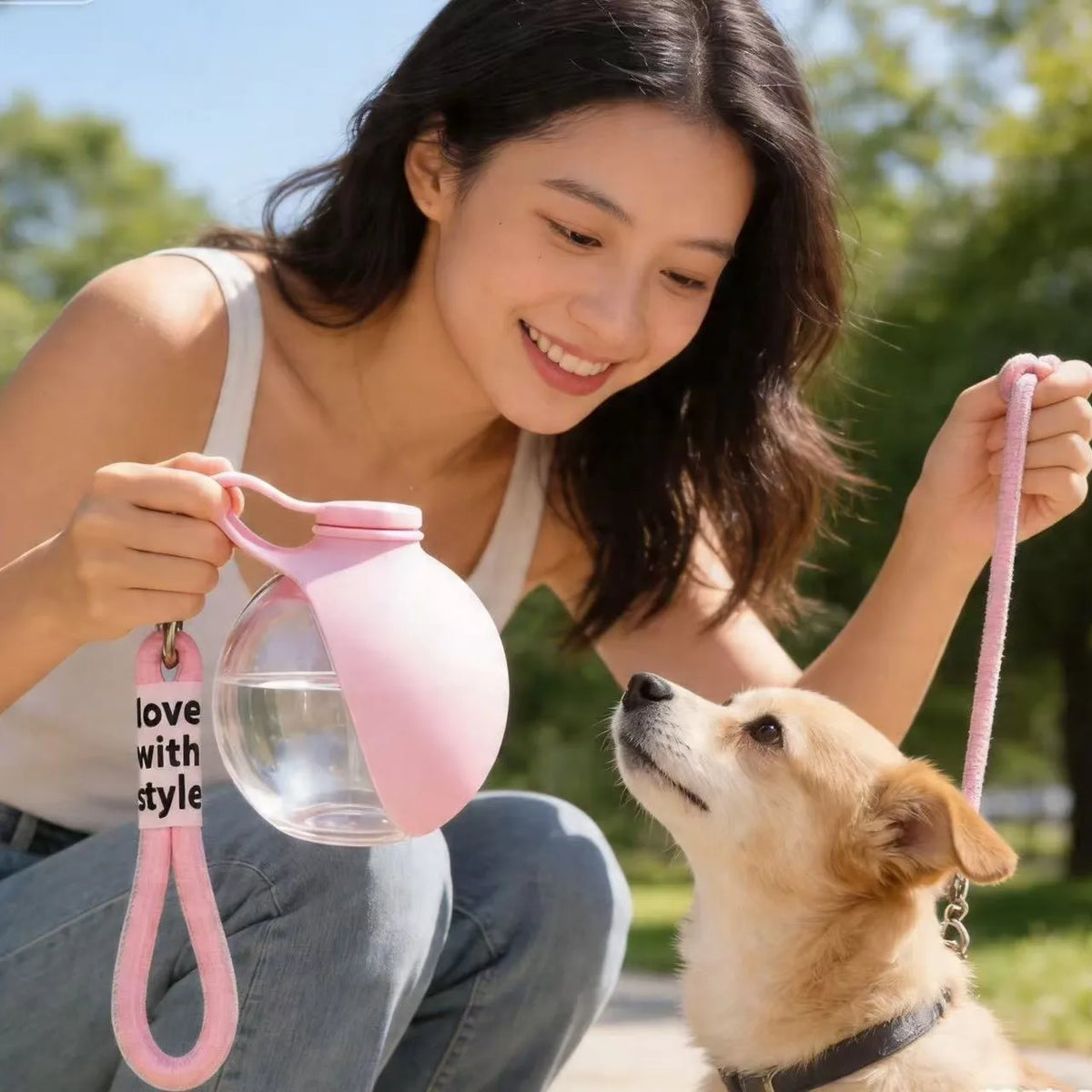 Gourde rose pour chien tenue à la main au parc