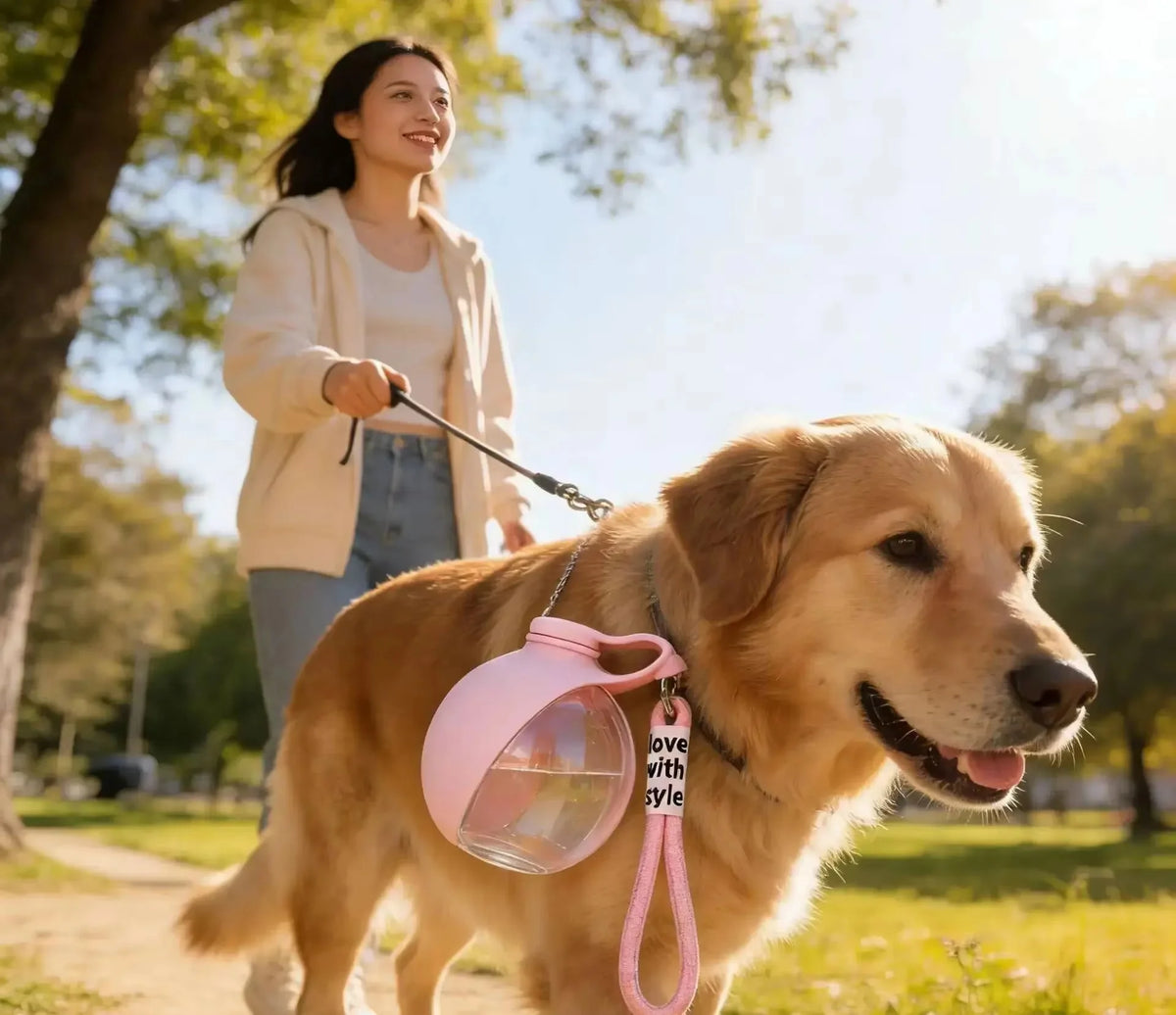 Golden retriever en balade avec la gourde rose