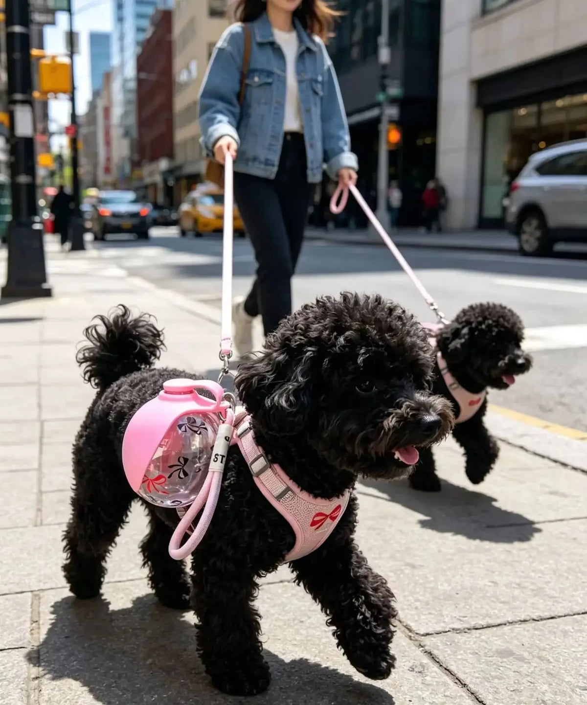 Caniche en ville avec la gourde rose